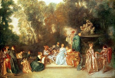 ギター奏者とラムで遊んでいるプッティの彫刻があるフェテガランテ、c.1717-19 作： Jean Antoine Watteau